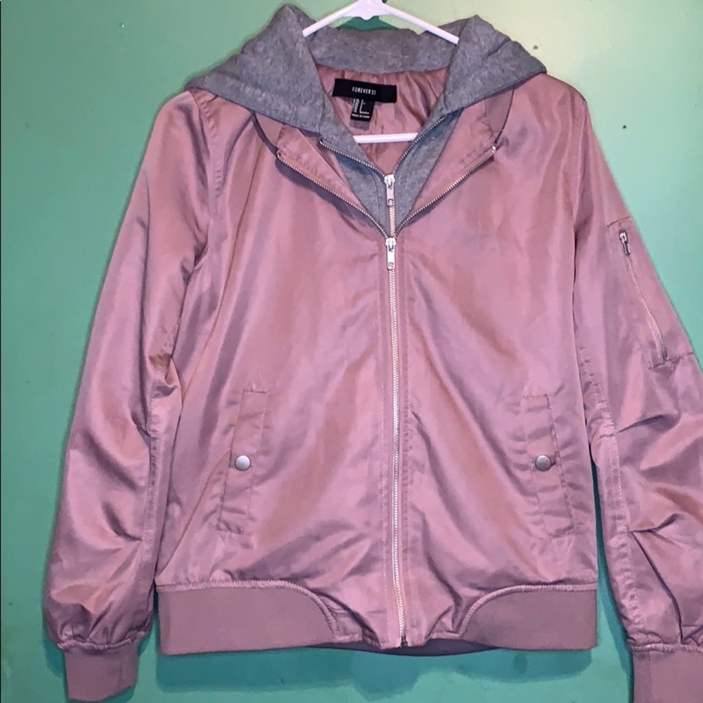 Rose gold & gray Forever 21 hooded bomber jacket